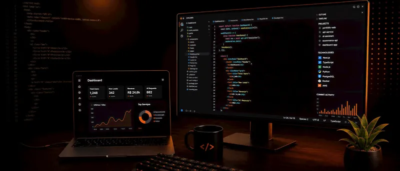 Monitor with source code next to a laptop showing a dashboard